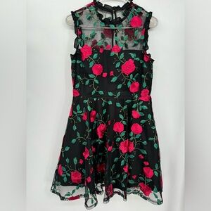 City Studio 11 Floral Embroidered Mesh Dress Kids Black Pink Rose 3794-AY5F